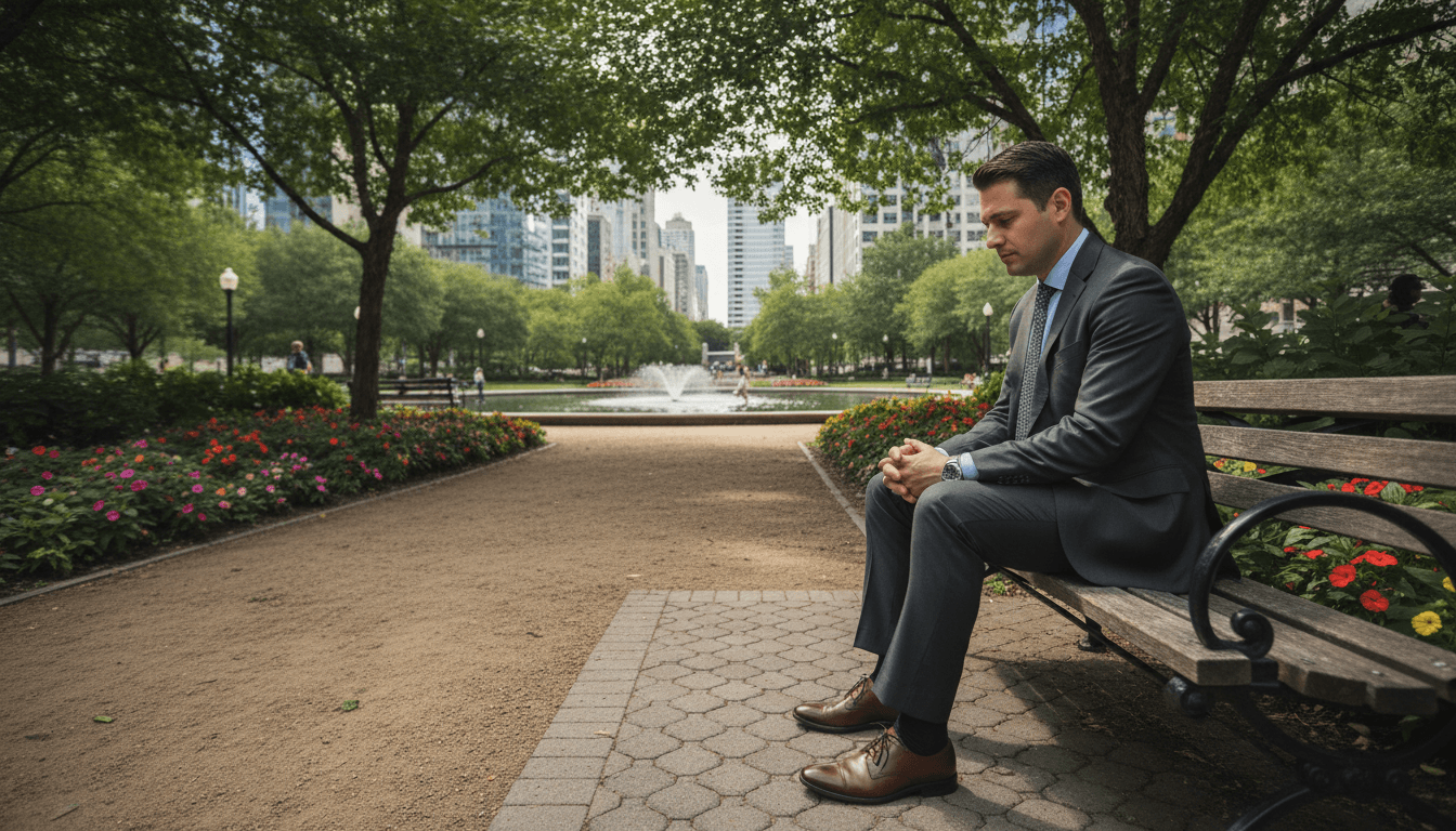 Person sitting thoughtfully on bench in calm urban park setting
