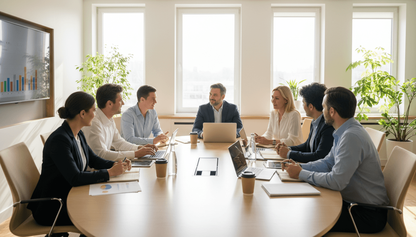 Diverse professionals collaborating around table in bright modern office with natural light