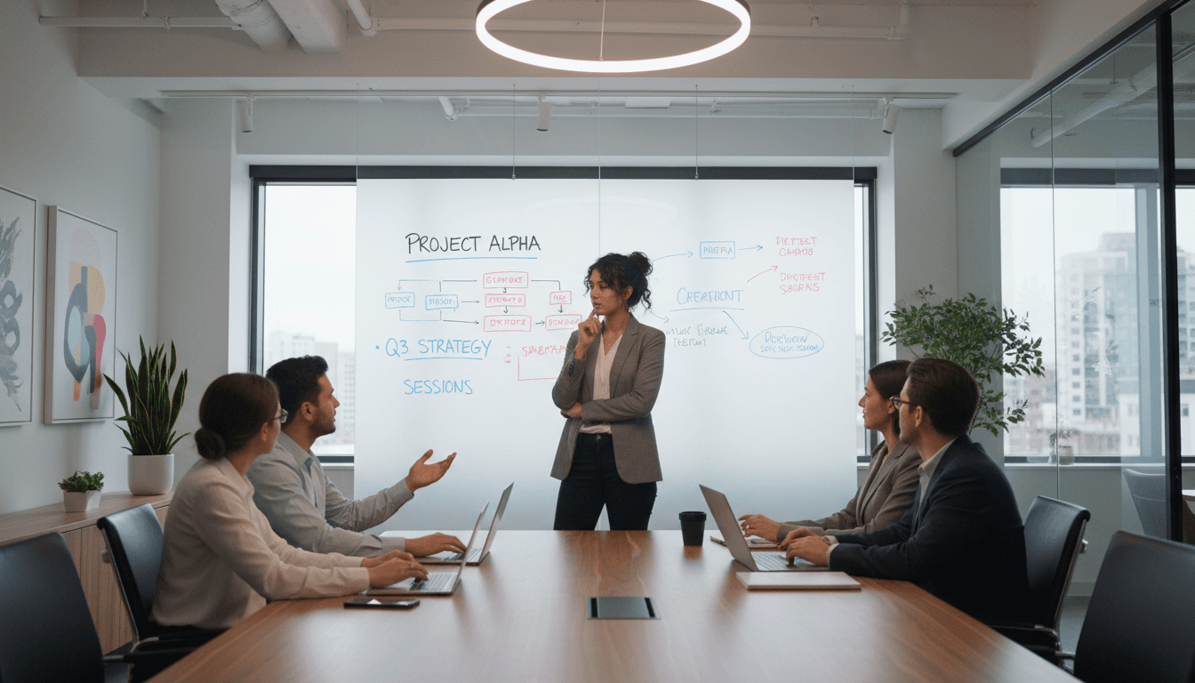 Person standing in front of whiteboard thinking during collaborative meeting in modern office