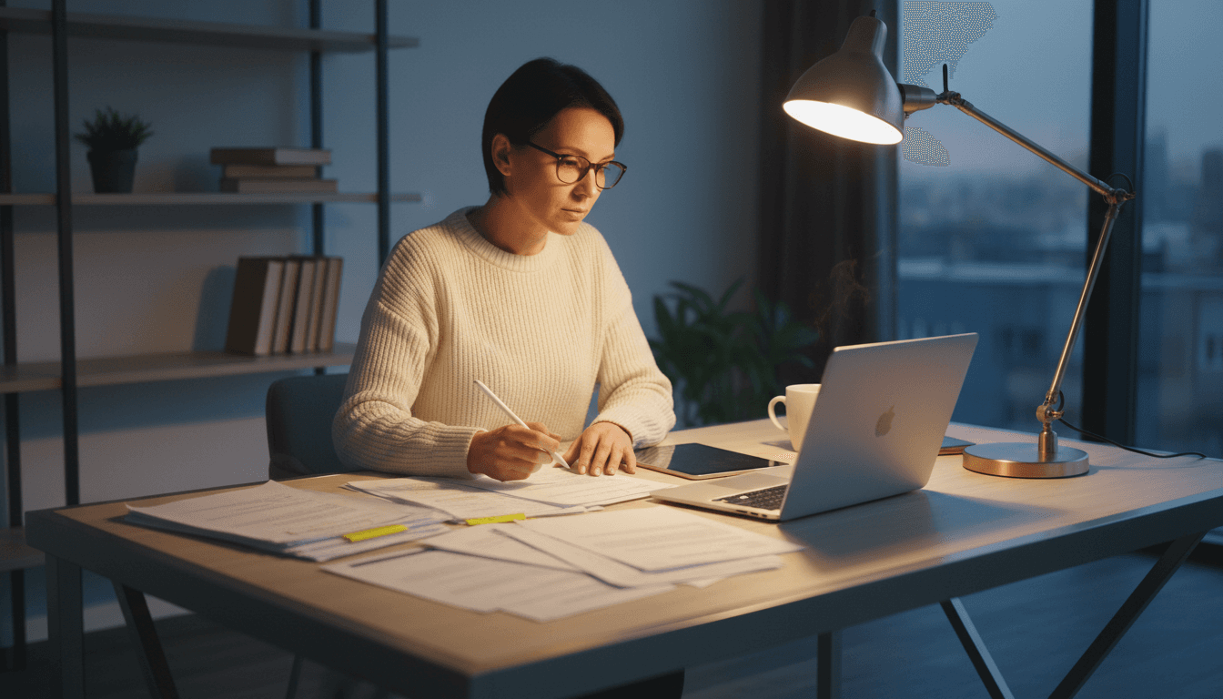 Professional reviewing career documents and laptop at modern desk with warm lighting