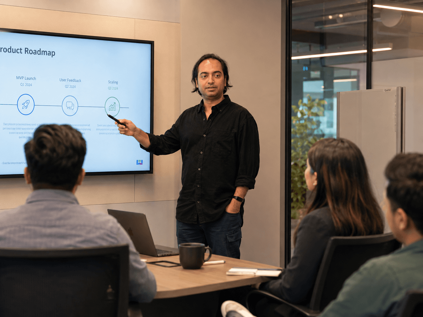 Presenter points to a product roadmap on a screen during a meeting with colleagues.